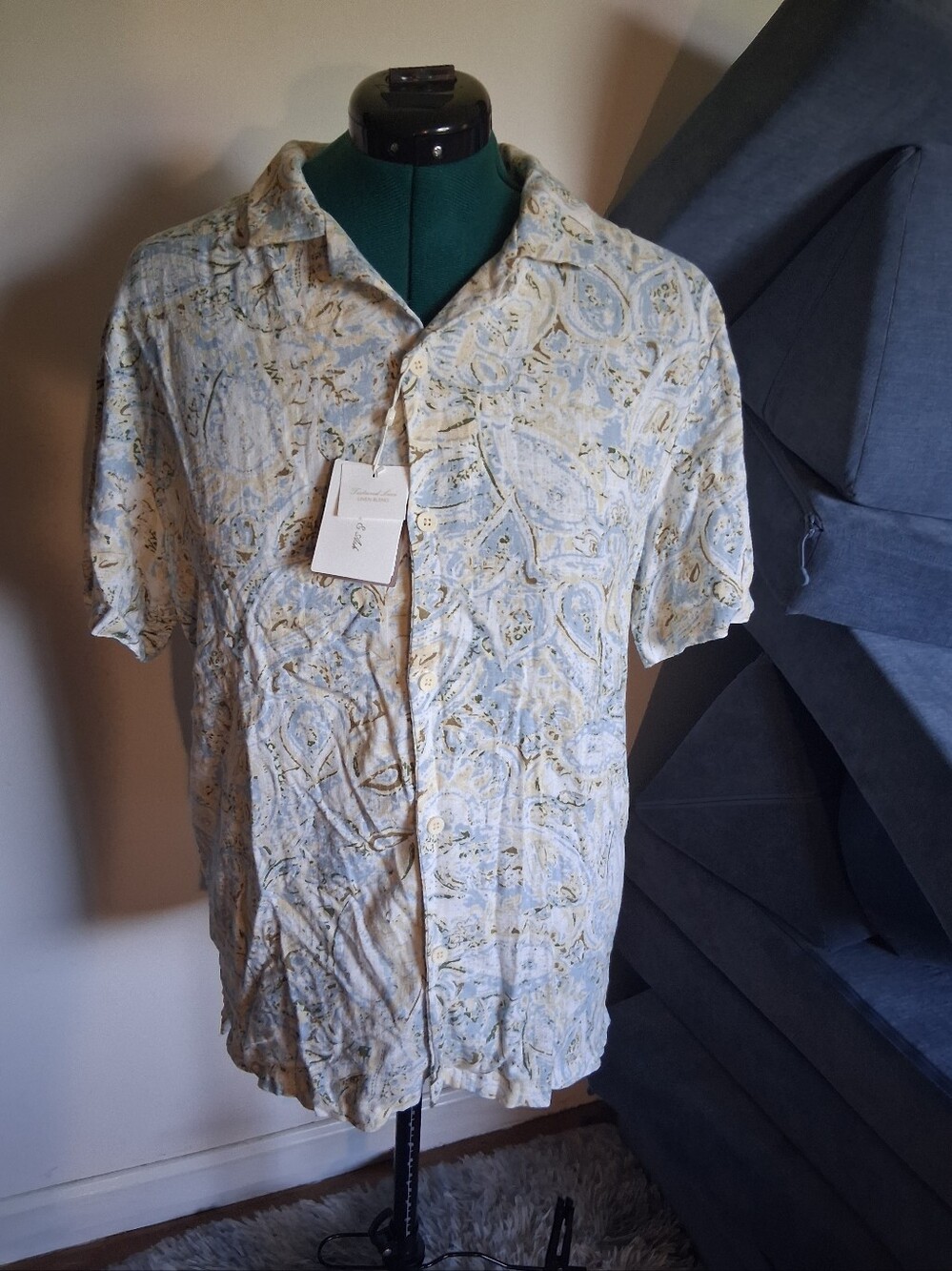 NWT Porter & Ash Floral Linen-Blend Top in Blue and Green